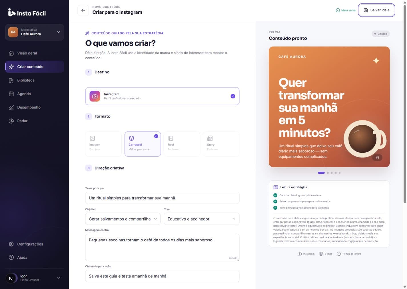 Editor de conteúdo da Insta Fácil com briefing e prévia